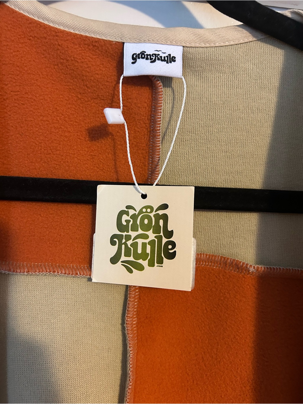 Open-Front Fleece Cardigan In Beige With Rust Patchwork Lining — image 2 of 6
